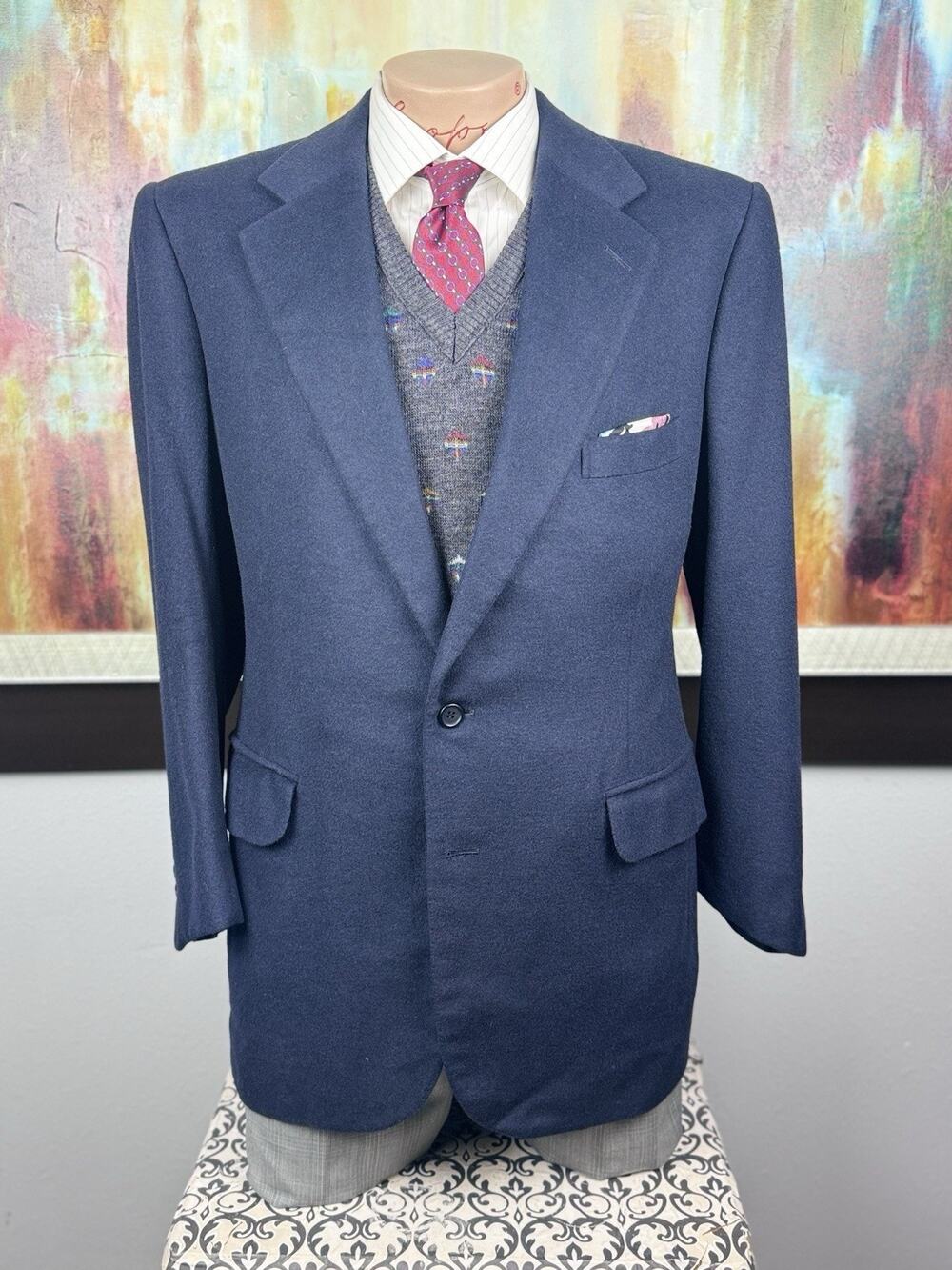 SULKA 100% Cashmere Navy Sport Coat Blazer 42R 44R Made in England 1999 Custom